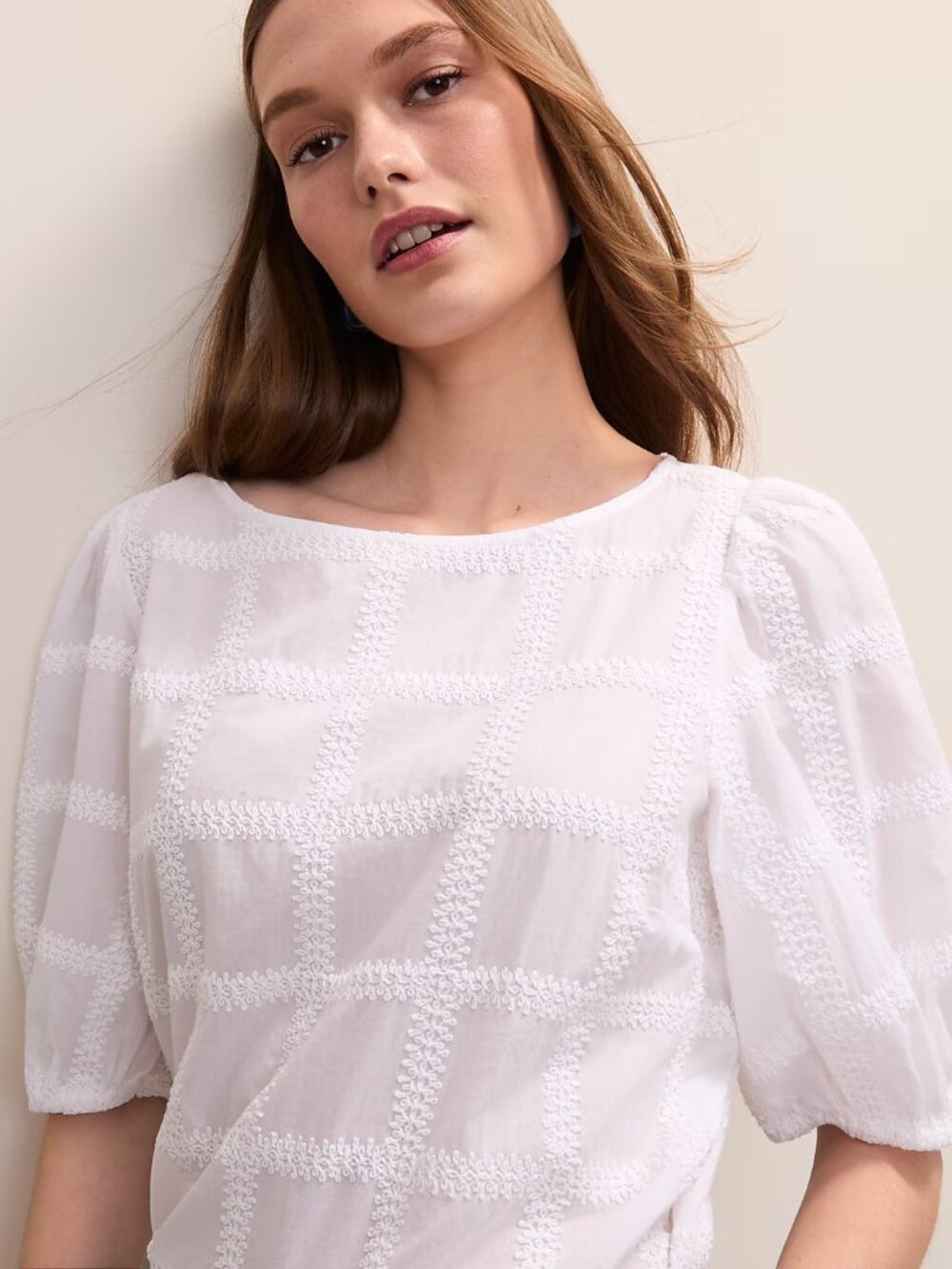 Ann Taylor Petite Crothet Windowpane Popover Top MP